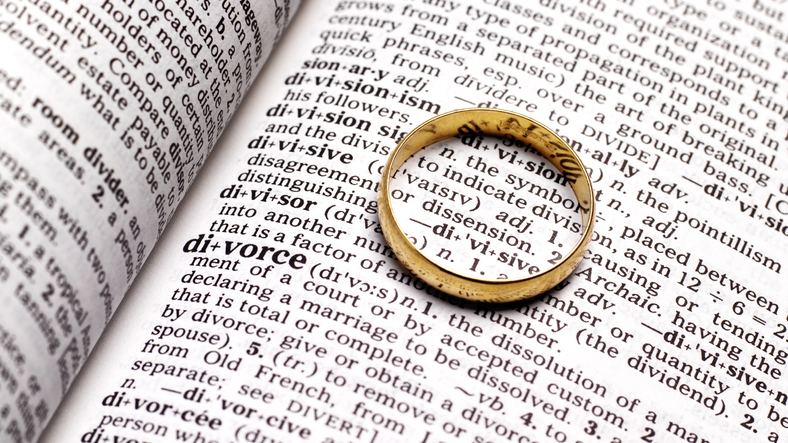 Divorce wedding ring on dictionary